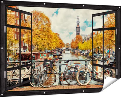 Gards Tuinposter Doorkijk Amsterdamse Brug bij een Brug met Fietsen - 150x100 cm - Tuindoek - Tuindecoratie - Wanddecoratie buiten - Tuinschilderij