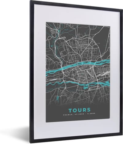 Fotolijst incl. Poster - Tours - Plattegrond - Frankrijk - Kaart - Stadskaart - 30x40 cm - Posterlijst