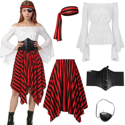 Piratenkostuum voor Dames - Middeleeuwse Piratenjurk met Top, Rok, Hoofddoek, Riem en Oogmasker voor Halloween en Carnavalsfeest