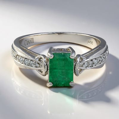 Cavill - 0,95 ct Bahia Smaragd achthoek ring - 925 Sterling Zilver geplateerd - 14 Zirkonen totaal 0,073 ct - Elegante dames ring - Fijne sieraden