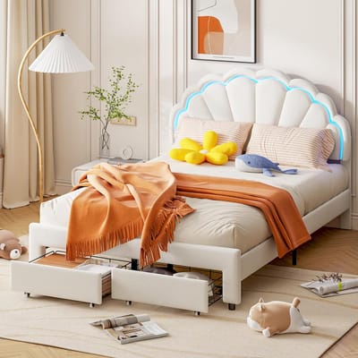 Gestoffeerd Kinderbed 140x200 cm met Bloemen Hoofdbord en Lattenbodem, Tweepersoons Kinderbed met Lades