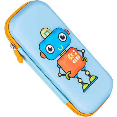 Trousse à crayons robot 3D pour enfants, boîte à crayons dessin animé, EVA, grande capacité, porte-stylos, pochette à crayons portable bleu clair