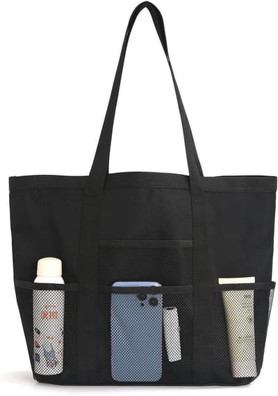 Vouwbare strandtas voor dames, waterdichte schoudertas met rits en mesh vak, lichtgewicht tas voor vakantie, winkelen en gymgebruik