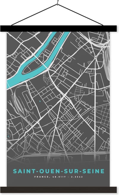Posterhanger incl. Poster 40x60 cm - Schoolplaat - Saint-Ouen-sur-Seine - Frankrijk - Plattegrond - Kaart - Stadskaart - Textielposter - Zwarte latten - Stadskaart