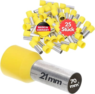 25 stuks Kalitec AE7021GE adereindhulzen geïsoleerd 70mm² 21mm lang geel I Made in Germany I Industriële kwaliteit