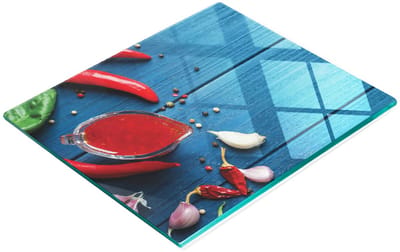 Decoratieve glazen snij- en serveerplank met chilisausmotief, houtlook, 60x52 cm