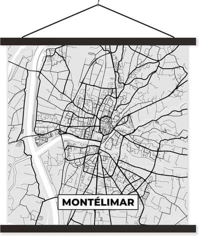 Posterhanger incl. Poster 60x60 cm - Schoolplaat - Plattegrond – Montélimar – Stadskaart – Kaart – Frankrijk - Textielposter - Zwarte latten - Stadskaart