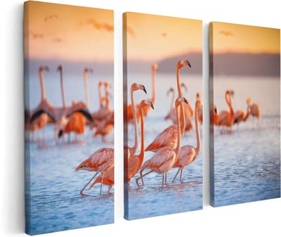 Artaza Canvas Schilderij Drieluik Kudde Flamingo's in het Water - 120x80 - Foto Op Canvas - Canvas Print