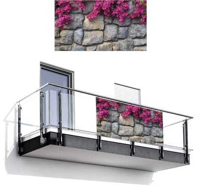 Balkonscherm 200x110 cm - Balkonposter Bougainvillea - Stenen Muur - Roze - Balkon scherm decoratie - Balkonschermen - Balkondoek zonnescherm