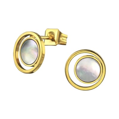 Aramat Jewels | Oorbellen | Ronde Witte Schelp Oorbellen | Goudkleurig | |9mm | Staal | Kinderen, Volwassenen | Verkleurd niet