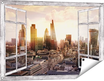 Gards Tuinposter Doorkijk Londen bij Zonsondergang in een Moderne Wijk - 90x60 cm - Tuindoek - Tuindecoratie - Wanddecoratie buiten - Tuinschilderij