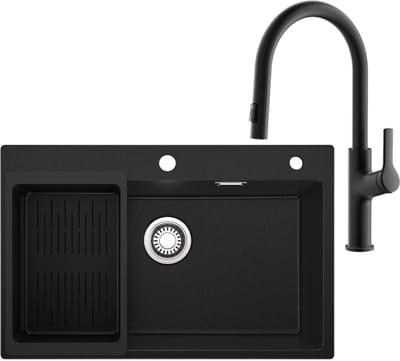 Sofetiy Max Spoelbak Antraciet 70x45CM - Granieten Spoelbakken Keuken Met U-Uitloop Keukenkraan - Enkele Spoelbak - Spoelbak Met Afdruiprek - Spoelbakken Incl. Sifon en Afvoerzeefje