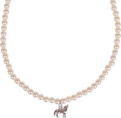 Parelketting in kindermaat - ivoorkleurige imitatieparels 6mm - Hangertje Huilende Wolf zilverkleurig 1,8cm
