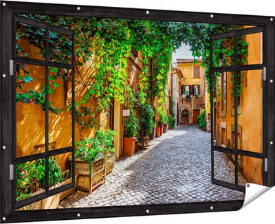 Gards Tuinposter Doorkijk Straatje in Rome met Groene Planten - 180x120 cm - Tuindoek - Tuindecoratie - Wanddecoratie buiten - Tuinschilderij