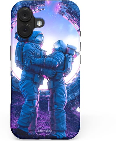 Casetastic hoesje geschikt voor Apple iPhone 16 - MagSafe - Dubbellaagse bescherming - Ruimtereis vol liefde - Fashion Case - Donkerblauw Lavendel