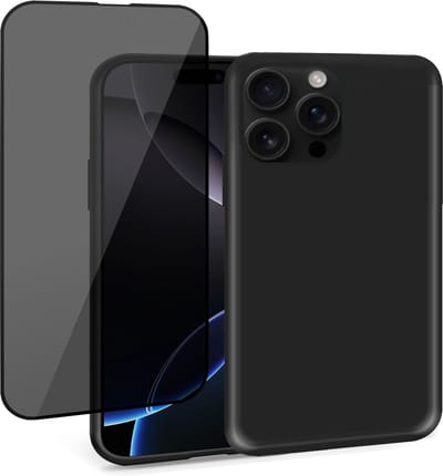 Geschikt voor Apple iPhone 16 Pro - Hoesje + Privacy Screenprotector – Privé Gehard Glas Cover - Suède Case Zwart