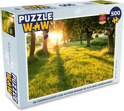 Puzzel De ondergaande zon achter bomen in Jutland Denemarken - Legpuzzel - Puzzel 500 stukjes