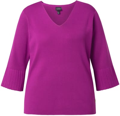 Ulla Popken - Dames - Trui fijngeribd breisel V-hals 3/4-volantsmouwen - Bes - Maat 46+