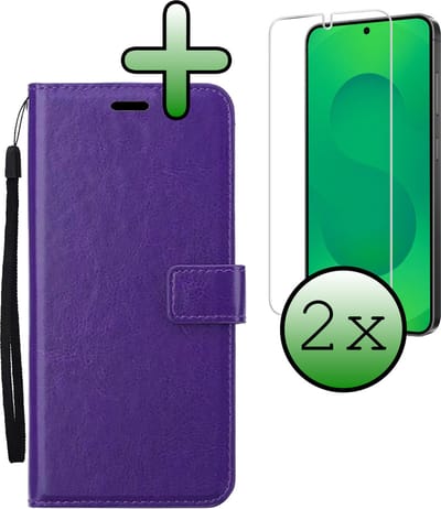Hoesje Met 2x Screenprotector - Geschikt voor Samsung Galaxy S25 - Luxe Pasjeshouder - Bookcase Portemonee - Flip Case - Kunstleer Book Case - Flipcase Hoes - Book Cover - Walletcase - Portemonneehoes - Paars