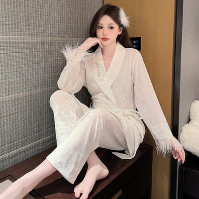 Herfst en Winter Veer Stijl Goud Diamant Donker Gestreept Fluweel Pyjama Dames Tweedelig Huiskleding Pyjama Set XL wit