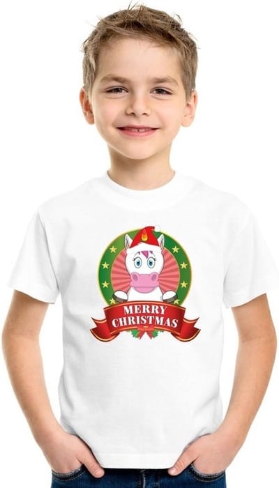 Kerst t-shirt voor kinderen met eenhoorn print - voor jongens en meisjes - wit 122/128