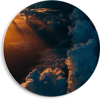 Forex Wandcirkel - Wolken met Zonnestralen - 40x40cm Foto op Wandcirkel (met ophangsysteem)