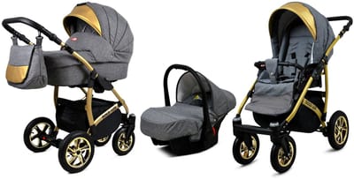 BabyLux® Kinderwagen 3in1 – GOLDLUX - FLAXEN GOLD FRAME - Opklapbare Wandelwagen incl. Reiswieg, Multifunctionele Buggy Sportstoel, Autostoel - Combi-kinderwagen met Luiertas, Regenhoes, Klamboe, Bekerhouder, etc.