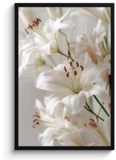 Poster in lijst - Fotolijst 60x90 cm - Posters - Lelies - Boekte - Wit - Meeldraden - Posterlijst zwart - Decoratie - Wanddecoratie woonkamer - Muurdecoratie slaapkamer
