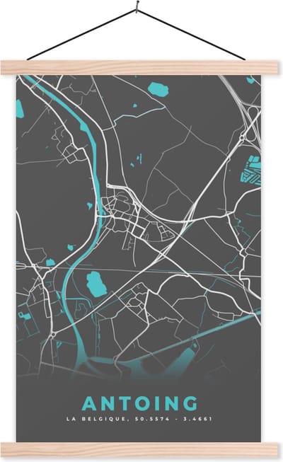 Posterhanger incl. Poster 40x60 cm - Schoolplaat - België – Antoing – Stadskaart – Kaart – Blauw – Plattegrond - Textielposter - Blanke latten - Stadskaart