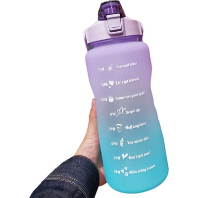 Waterfles van 2 liter met marker en rietje Waterfles met grote capaciteit en handvat Herbruikbaar Lekvrij paars