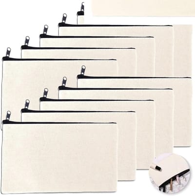 Beige Stoffen Tassen met Rits 21 x 12 cm – Kleine Tas voor Make-up, Opberging en Creatieve Projecten, Verpakking van 10 Stuks