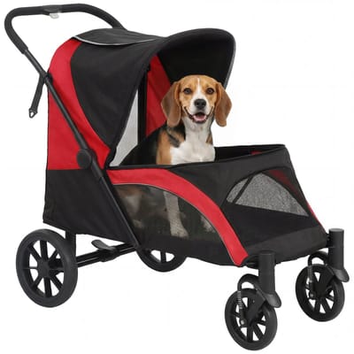 PawHut Hundewagen Hundebuggy klappbar für große Hunde & Katzen bis 30 kg Katzenbuggy mit Kissen Netzfenstern Türen Aufbewahrungstasche Katzenwagen mit Sicherheitsleinen, Bremsen, Buggy Schwarz