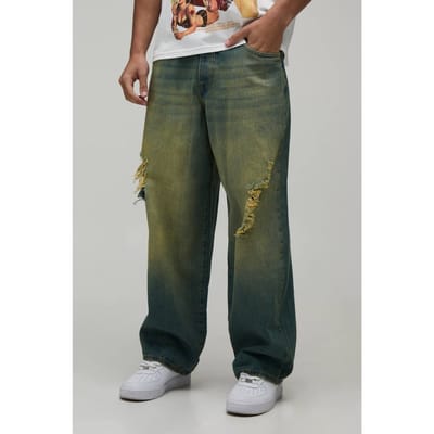 Verstelbare Taille Getinte Gescheurde Super Baggy Jeans | Mid Blue | Size 28R