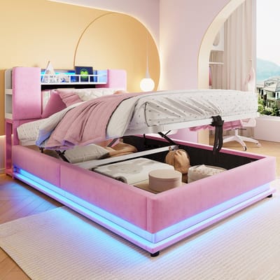 Wishdor Gestoffeerd Kinderbed – 90 x 200 cm – Ledverlichting en Usb-Aansluiting – Hydraulische Opbergruimte – Fluweel Roze – Opbergruimte in Hoofdbord – Metalen Lattenbodem – Veilig en Stijlvol voor Kinderkamer – Stabiel tot 150 kg