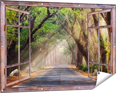 Gards Tuinposter Doorkijk Weg Omringd met Bomen - 120x80 cm - Tuindoek - Tuindecoratie - Wanddecoratie buiten - Tuinschilderij