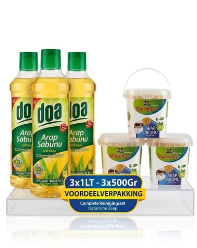 DOA & Vapurcu Arab Zeep Reinigingsset – 3 x 1 Liter Vloeibare Zeep + 3 x 500 g Zachte Zeep – Natuurlijke Allesreiniger Voordeelverpakking - Arap Sabunu