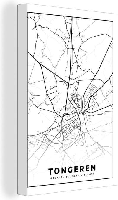 Canvas Schilderij Plattegrond – Tongeren – Zwart Wit – Stadskaart - Kaart - België - 20x30 cm - Wanddecoratie