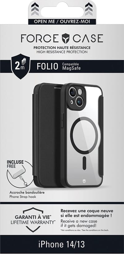 Force Case, Hoesje geschikt voor iPhone 13 / 14 - Versterkt Folio MagSafe Compatibel met Kaarthouder, Transparant zwart