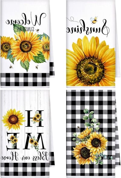 Set van 4 Zonnebloem Keukenhanddoeken - Sneldrogende Theedoeken voor Koken, Keuken Decor en Zomerstijl (Geel, Zonnebloem)