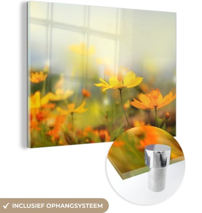 MuchoWow® Glasschilderij 160x120 cm - Schilderij acrylglas - Bloemen - Landschap - Geel - Foto op glas - Schilderijen