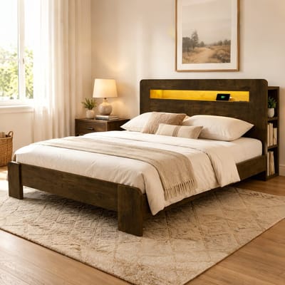 OKWISH Houten Bed 140x200 cm - Met LED En Stopcontacten - Hoofdbord Met Opbergruimte - Platformbed - Vintage Stijl - Hout - Zonder Matras