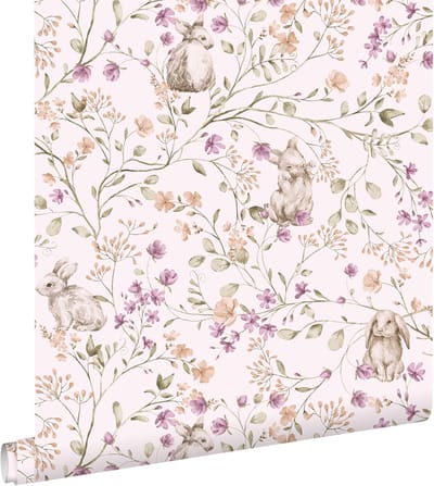 ESTAhome behang toile de jouy konijnen paars, groen en bruin - 50 x 900 cm - 131702