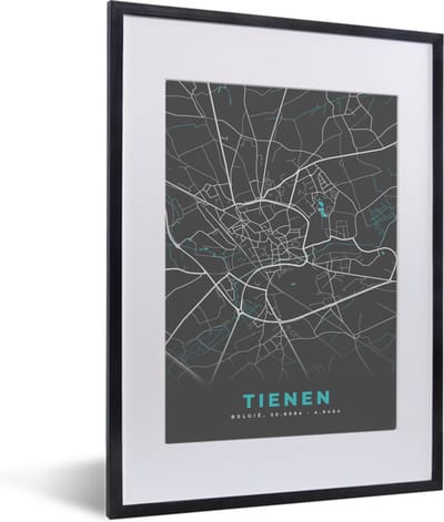 Fotolijst incl. Poster - Stadskaart – Grijs - Kaart – Tienen – België – Plattegrond - 30x40 cm - Posterlijst