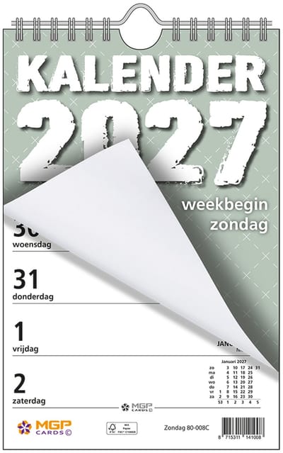 MGPcards - Weekblok met Wire-O binding 2027 - Week begint op zondag - 13,5 x 20,5 cm - Groen