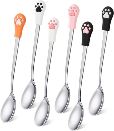6 Stuks RVS Kat Lepels, Kattenpoot Schep, Hondenlepel, Voedingslepel voor Huisdieren met Lange Handgreep, Ideaal voor Katten en Honden