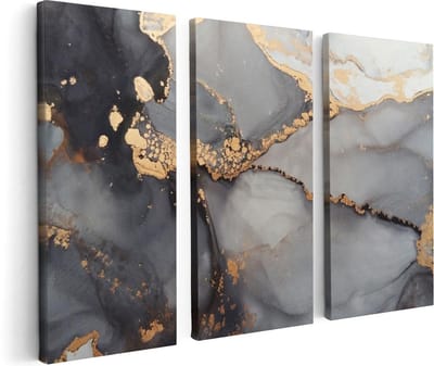 Artaza Canvas Schilderij Drieluik Abstracte Kunst - Grijze Marmer met Goud - 120x80 cm - Wanddecoratie Woonkamer - Schilderijen - Muurdecoratie