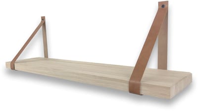 Eiken wandplank massief recht 60 x 25 cm met leren riemen bruin - Eikenhouten wandplank - Wandplank - Leren plankdragers - Fotoplank