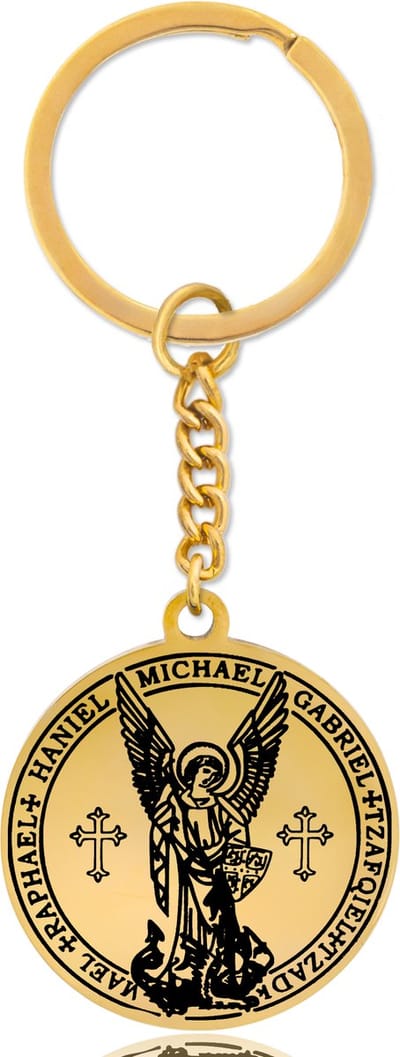 Beschermengelen met Kruis Sleutelhanger Goudkleurig - Engelen Talisman / Medalion - Aartsengel - Engelen Hanger