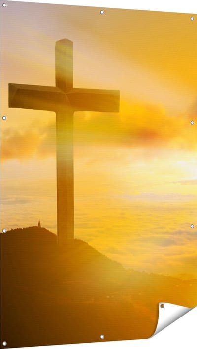 Gards Tuinposter Kruis van Jezus Christus bij Zonsondergang - 100x150 cm - Tuindoek - Tuindecoratie - Wanddecoratie buiten - Tuinschilderij