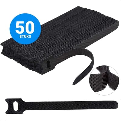 Herbruikbare Kabelbinders Klittenband - 50 Pack - Kabelmanagement - Duurzaam alternatief voor Tie Rips - Hersluitbaar - Kabel oproller - Organizer - Opbergen - 15 Centimeter lang - Totaal 7.5m - Zwart